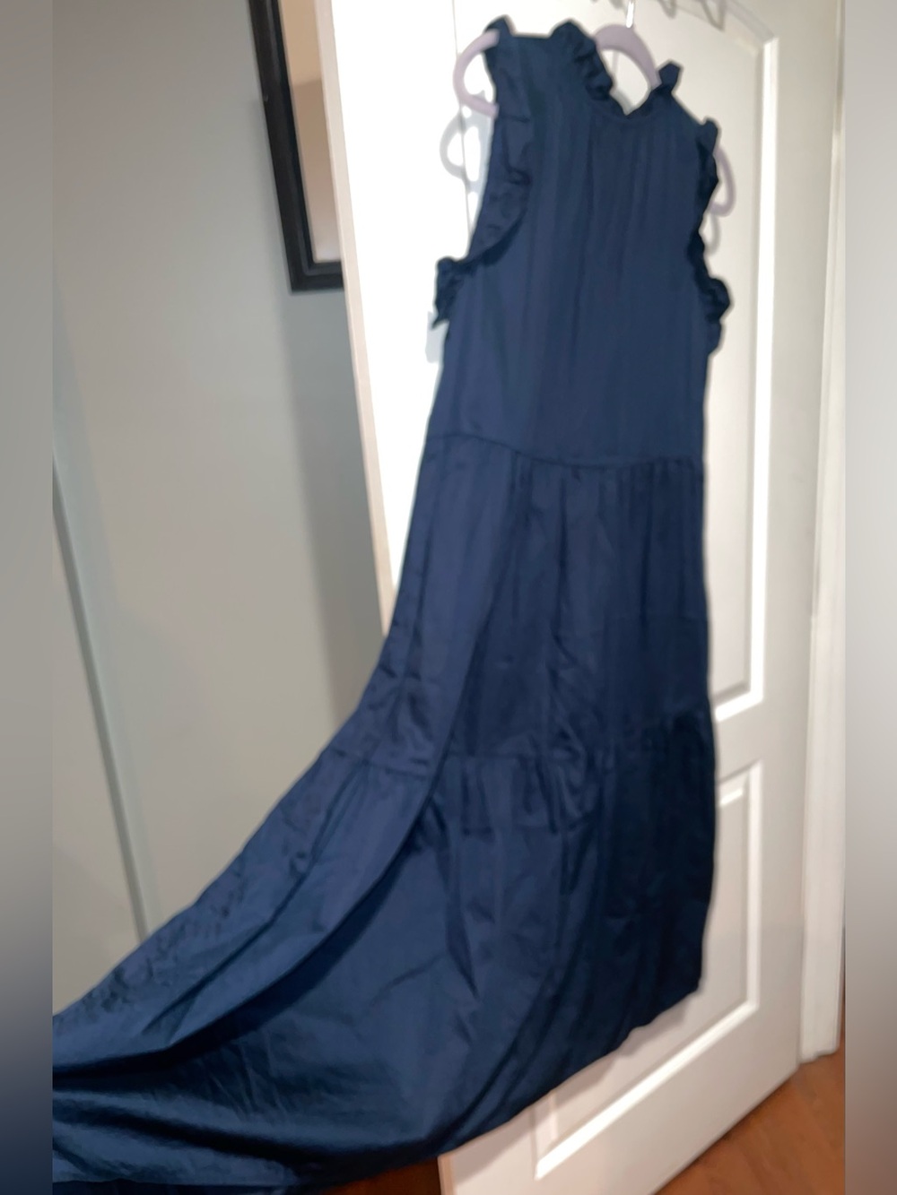 New! Felicite Cotton Ruffle Tiered Sleeveless Navy Midi Dress 💙 Large - Picture 5 of 8